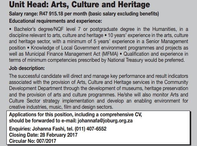 Job Opportunity Unit Head Arts Culture and Heritage (City of Joburg